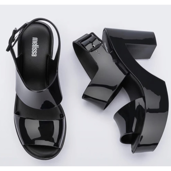 Melissa Black Jelly Block Heel Sandals Womens 9 Strappy PVC Platform Shoe - Picture 2 of 13